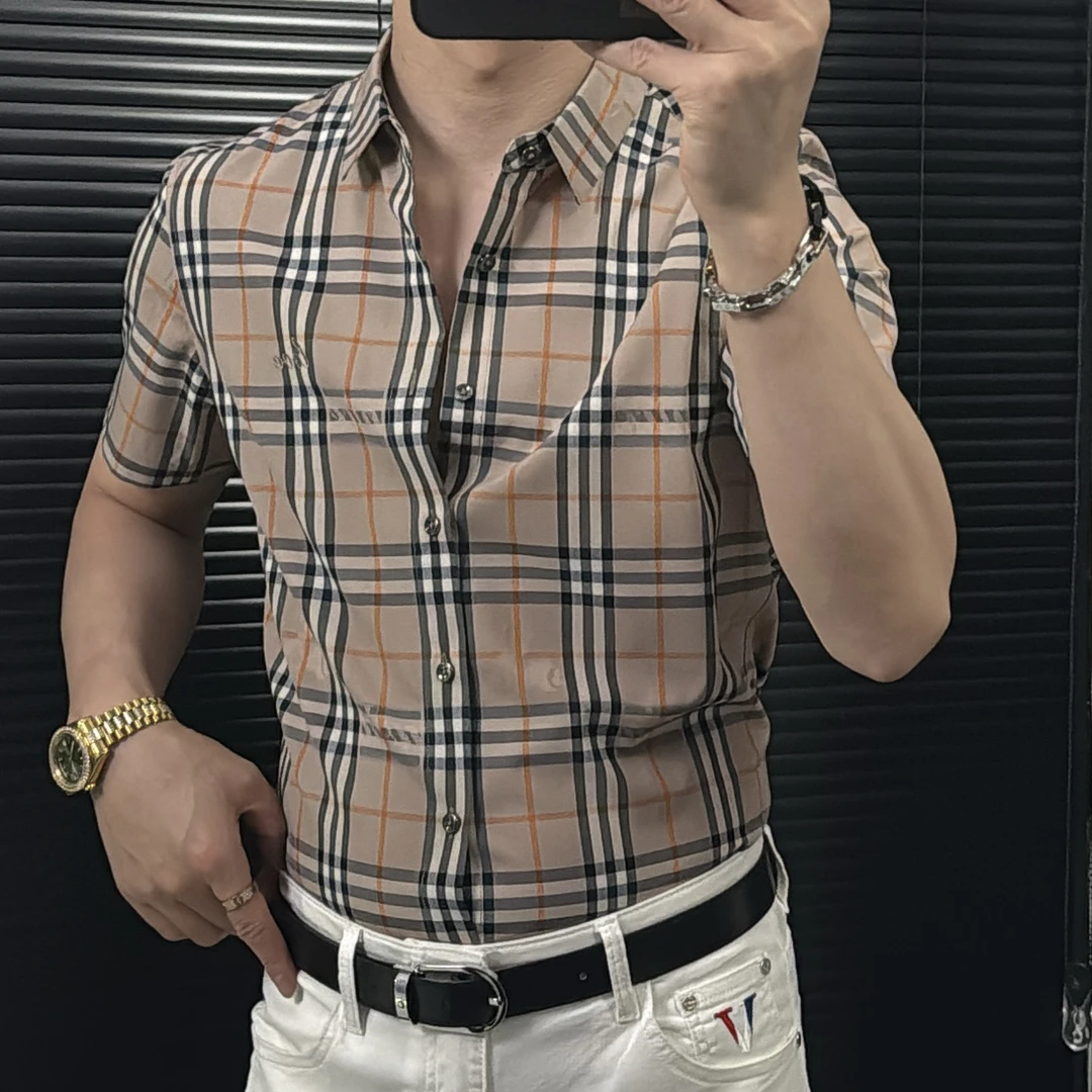 套装夏季男格纹夏季弹力格子衬衫修身短袖韩版男士