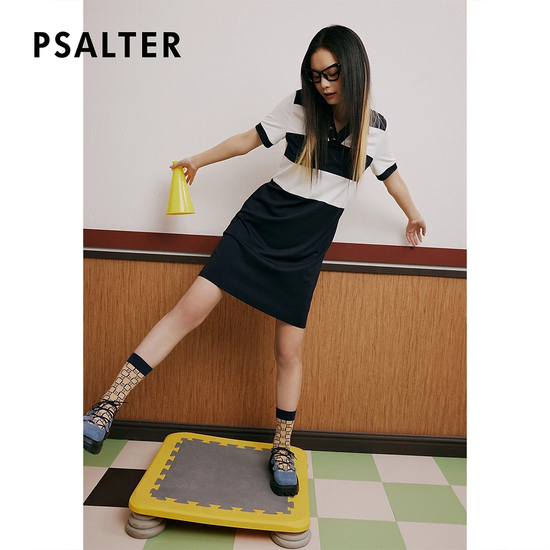 诗篇夏翻领学院风撞色条纹polo裙连衣裙