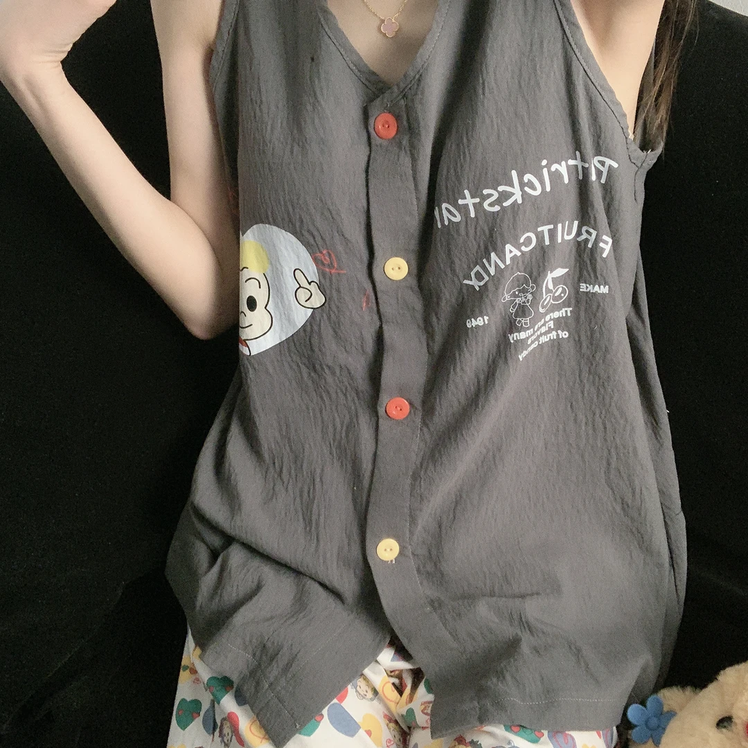 睡衣女生新款带胸垫灰色字母女孩性感背心卡通简约休闲家居服套装