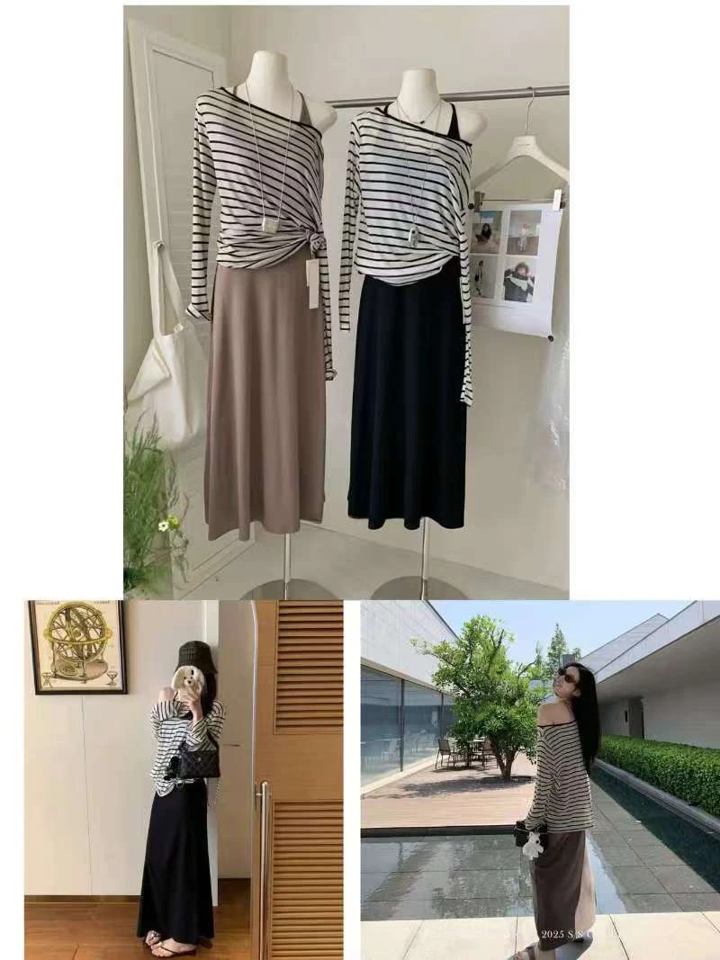 「小吴家」夏新款韩版宽松条纹长袖T恤+无袖吊带连衣裙两件套套装女
