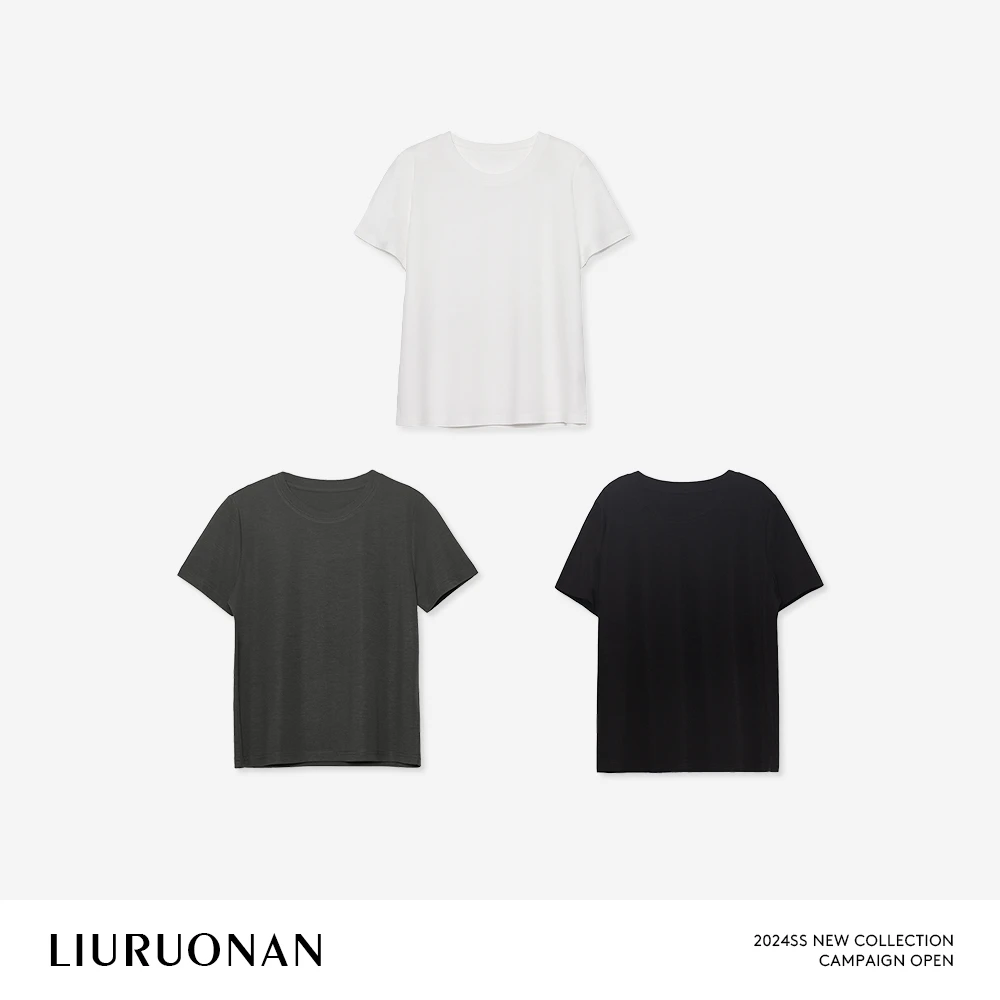 LIURUONAN 24SS 光感白色圆领短袖T恤夏季新款舒适感上衣女装