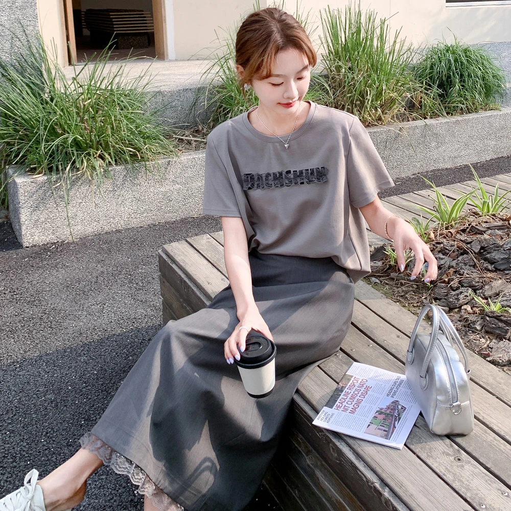 灰色字母印花短袖T恤套装裙女夏季2025新款高腰半身裙气质两件套