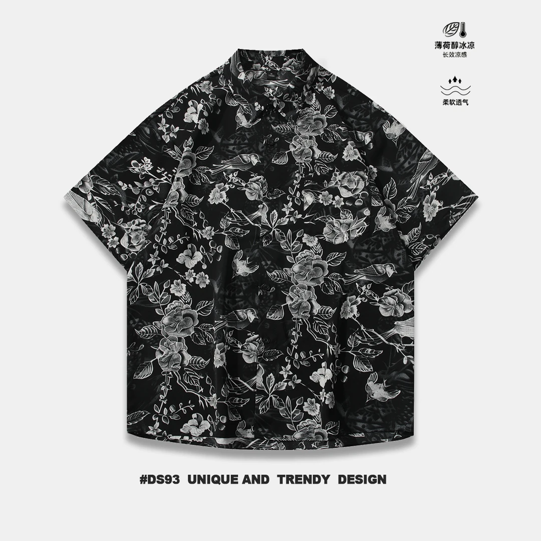 冰丝凉感休闲衬衣宽松夏威夷衬衫印花短袖高级感男装夏季透气衬衫