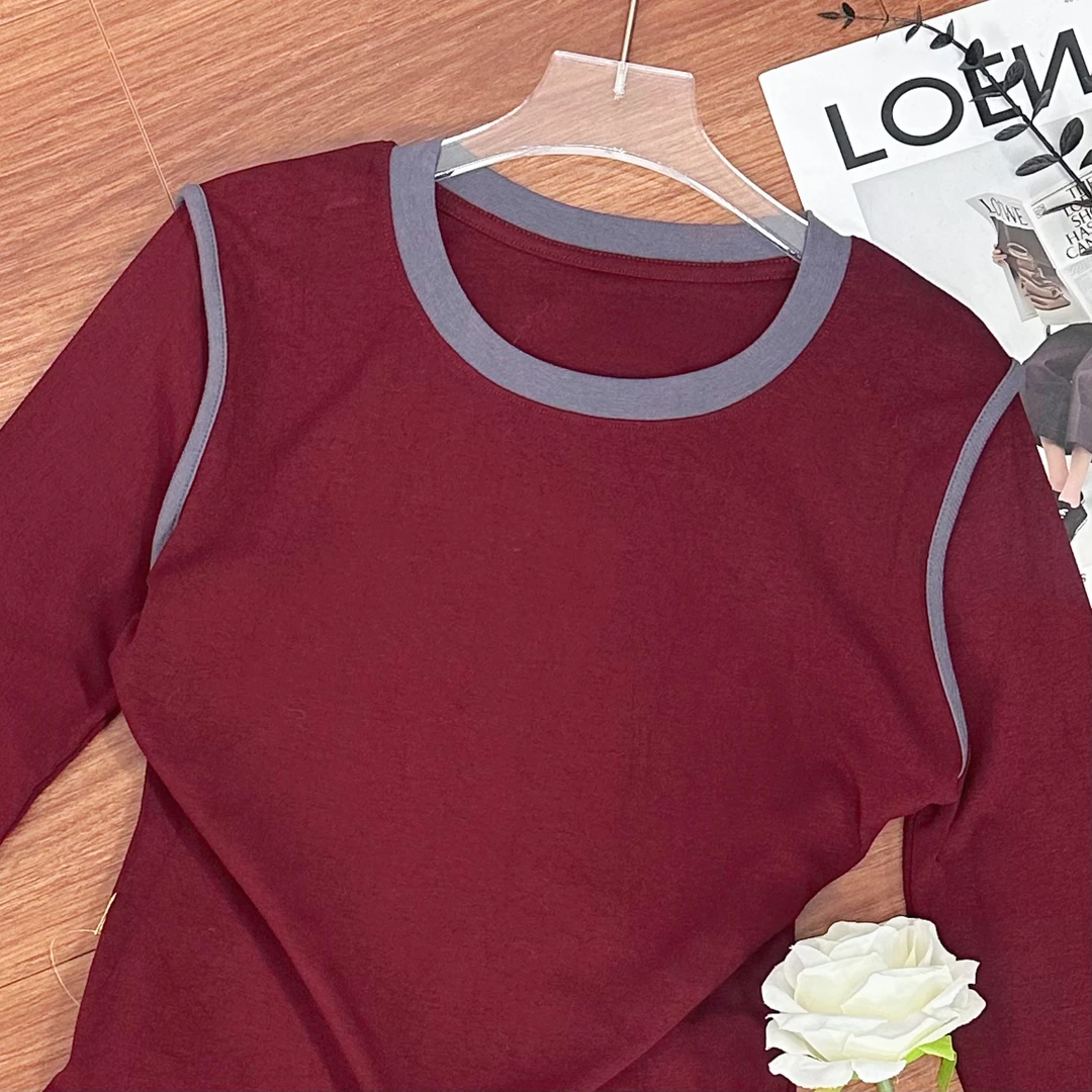 通勤风拼接长袖510207-1风景圆领T恤保暖秋冬