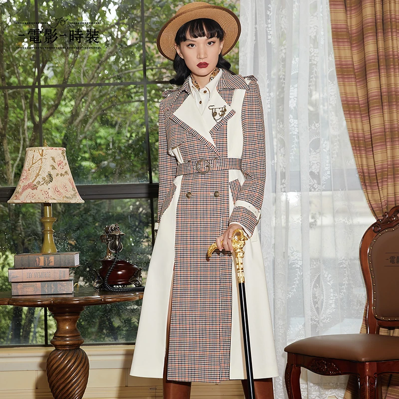 【程钱钱】一电影一时装大衣女中长款格子风衣外套FC112H6045