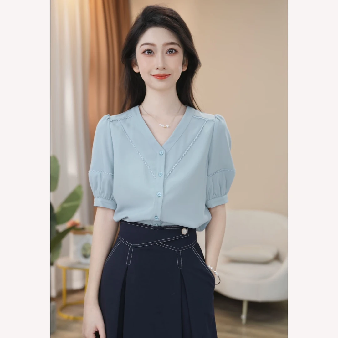 【曼贝】定制款短袖衬衫女V领百搭设计感显瘦时尚衬衣8392057【甜甜】