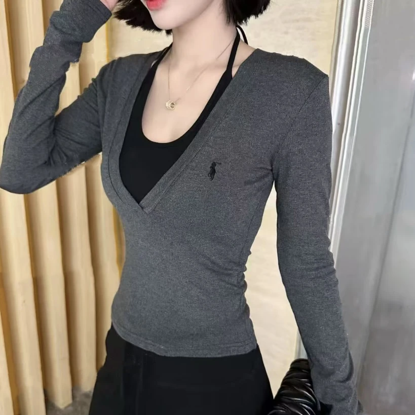 韩系2025秋冬新款刺绣假两件挂脖V领气质正肩长袖轻熟风上衣女