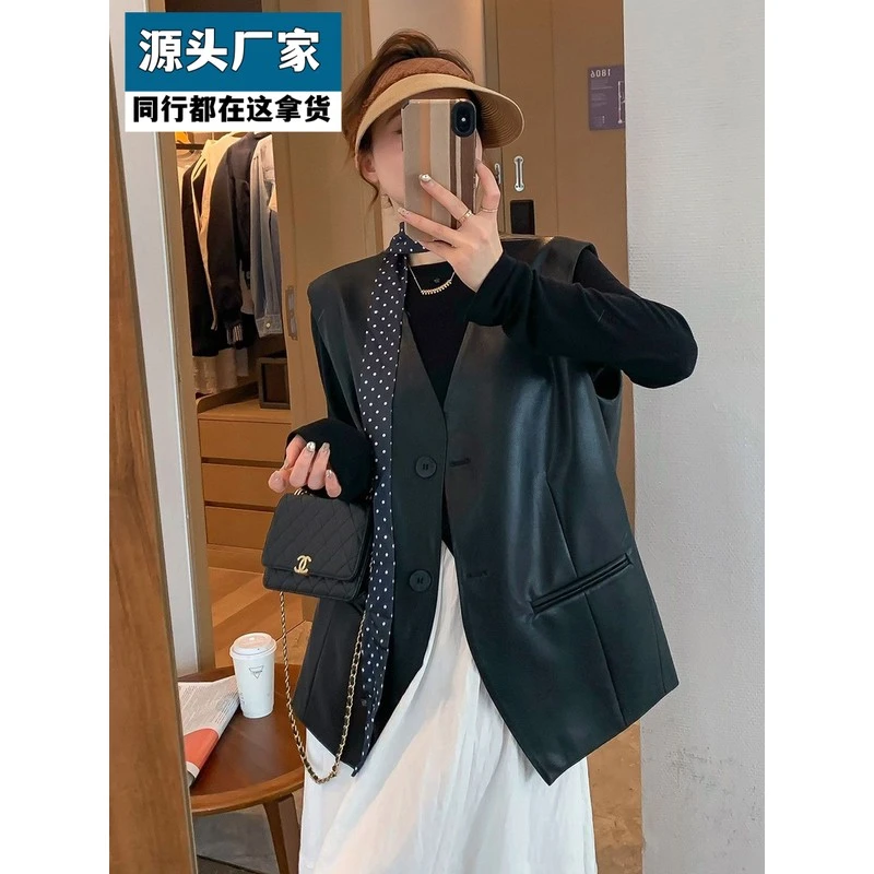 梵乐芬欧货洋气皮衣马甲女春秋款气质百搭叠穿大码马夹上衣潮坎肩