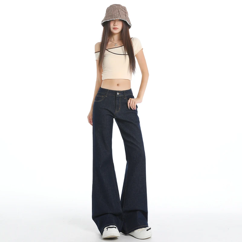 2025夏季新款凉感莱赛尔低腰微喇叭牛仔裤女丹宁蓝宽松辣妹拖地裤