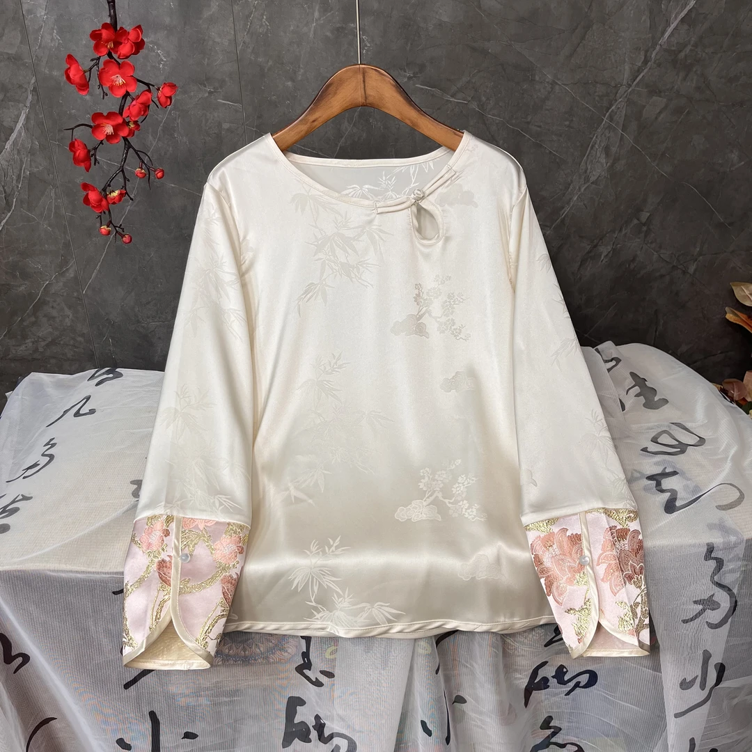 斜襟提花春季新中式小衫上衣时尚薄款打底长袖宽松重工百搭