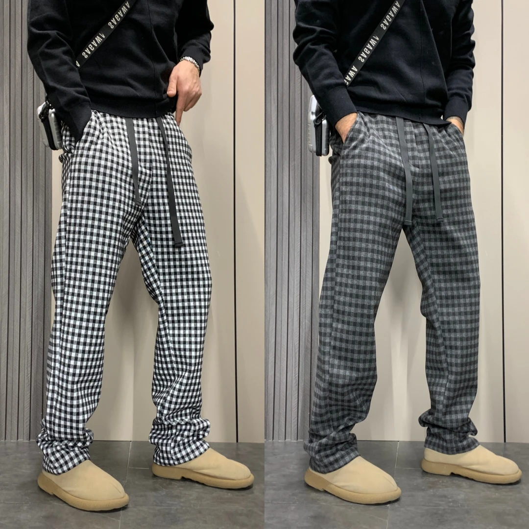 韩系格子百搭休闲直筒裤男士秋冬新款运动弯刀裤痞帅宽松阔腿裤