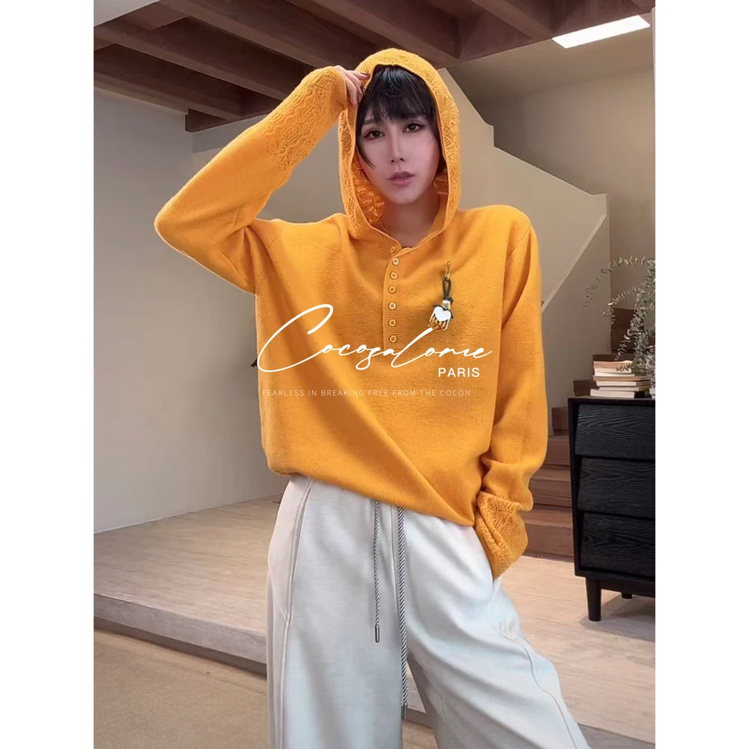 韩彬彬"蕾丝帽衫"100绵羊毛软糯亲肤蕾丝连帽针织毛衣女3028-8