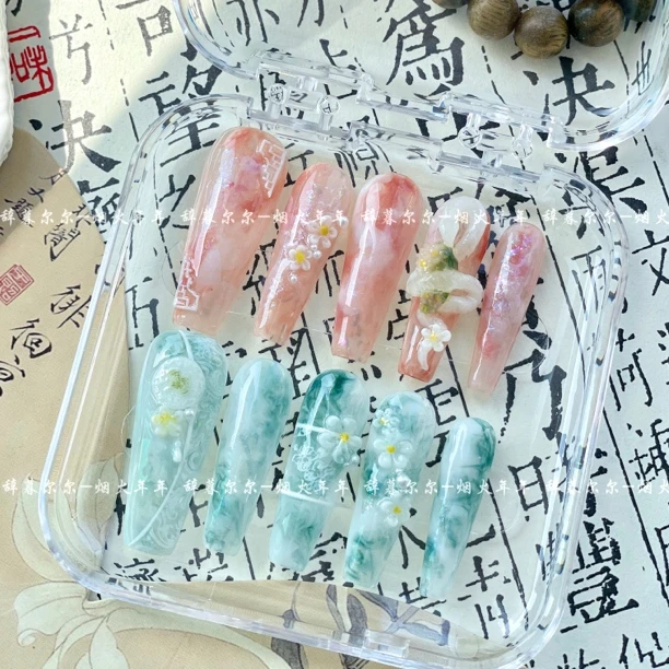 【绿肥红瘦】年年｜鸳鸯甲温柔显白仙女晕染手绘纯手工穿戴甲
