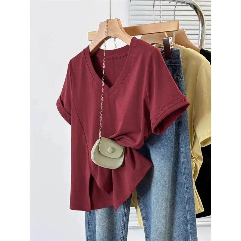 300斤大码女装V领正肩短袖T恤夏季微胖正肩胖mm遮肚子巨显瘦上衣2