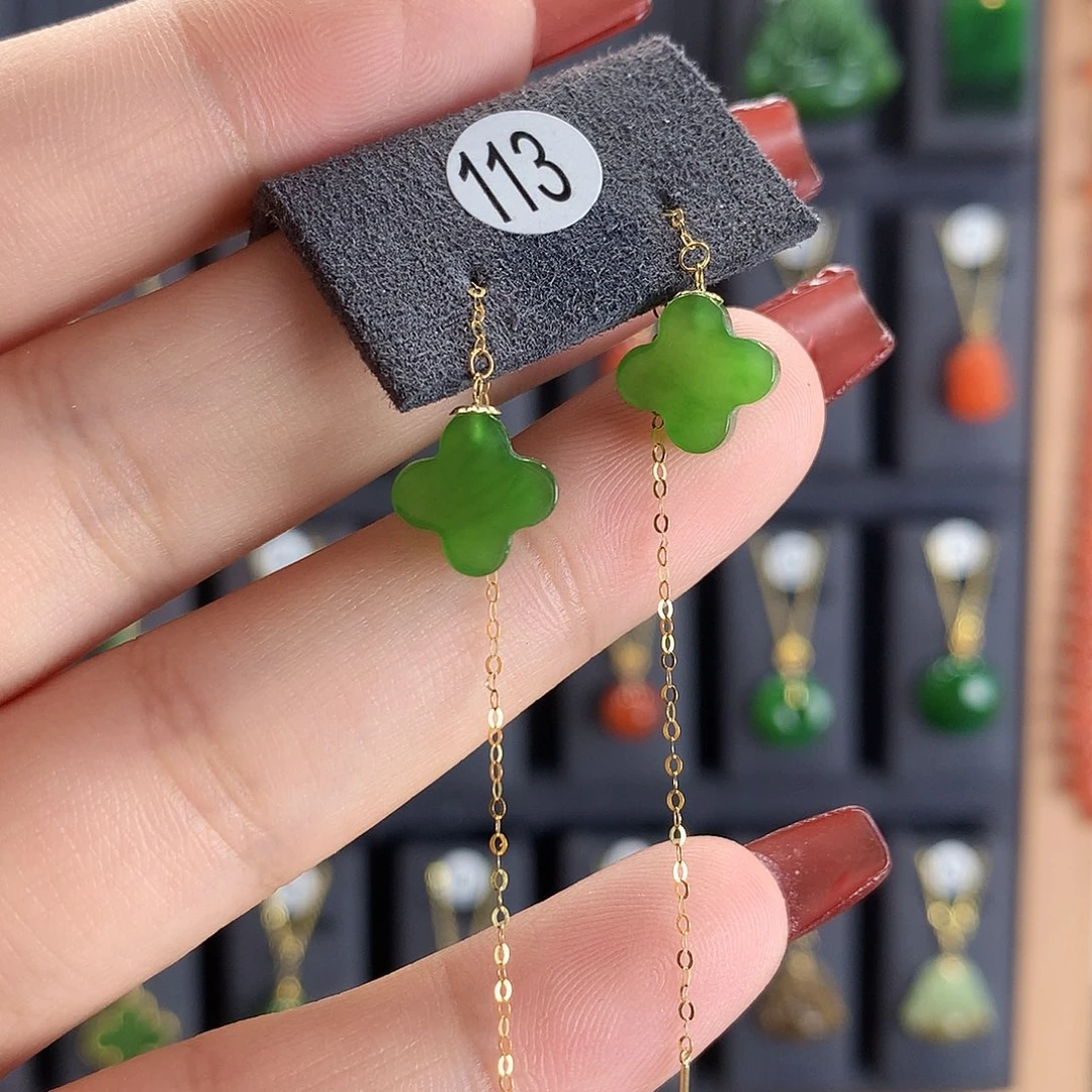 和田玉耳饰18K金镶嵌113