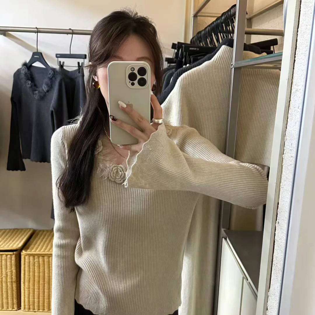 韩系花朵领针织衫秋冬百搭显瘦女上衣
