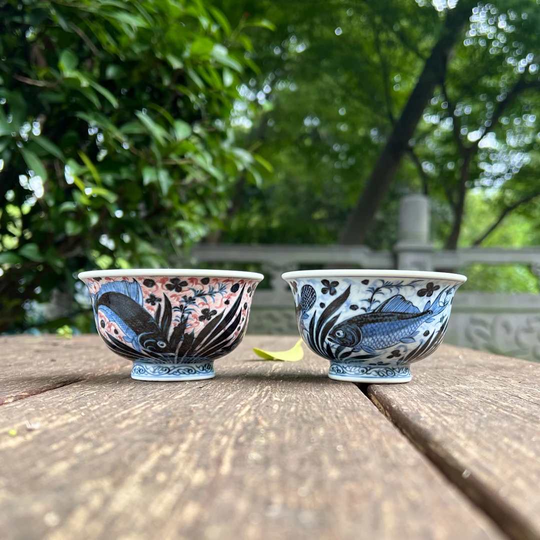 《鸣鹊坊》海浪系列鱼藻纹压手杯主人杯纯手工