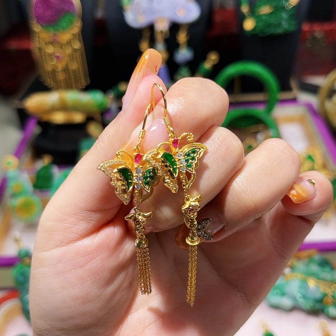 【闪购商品】翡翠耳饰银S925镀金镶嵌蝴蝶