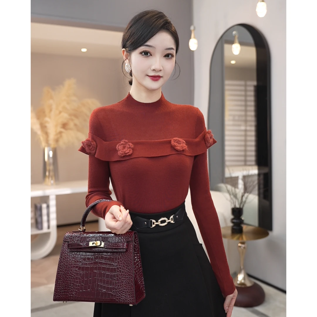 2025秋冬季新款【JR-42】含绵羊毛气质内搭红色拼接毛衣针织衫女