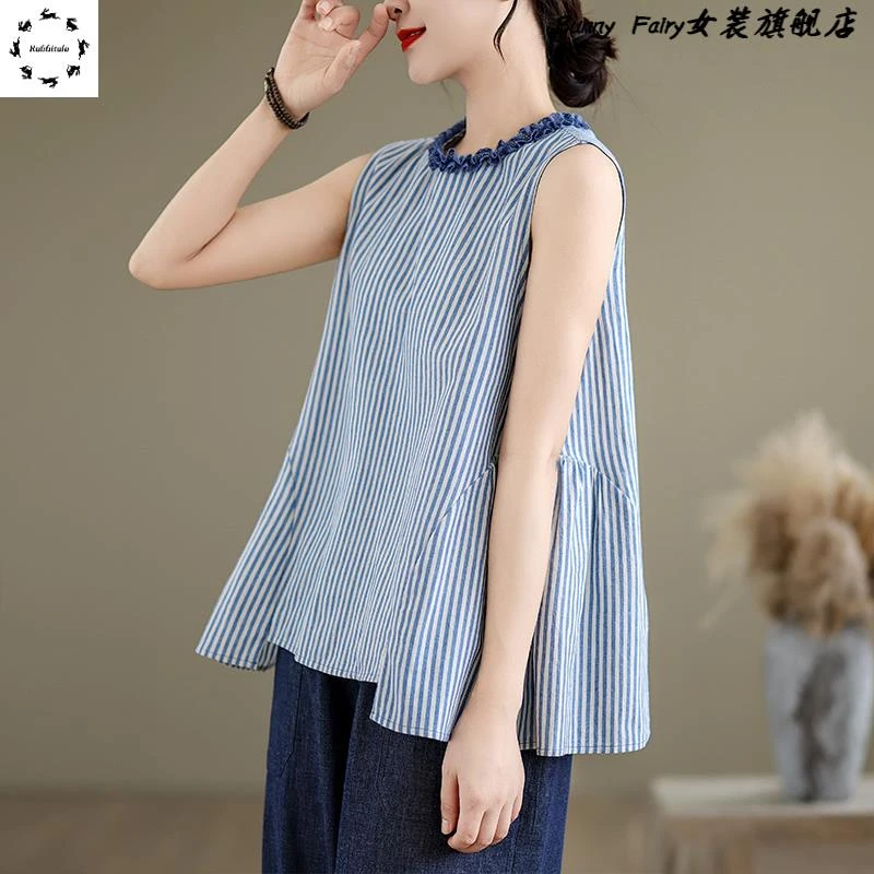 木耳领条纹衬衣女夏宽松休闲a字娃娃衫减龄遮肚显瘦无袖背心上衣