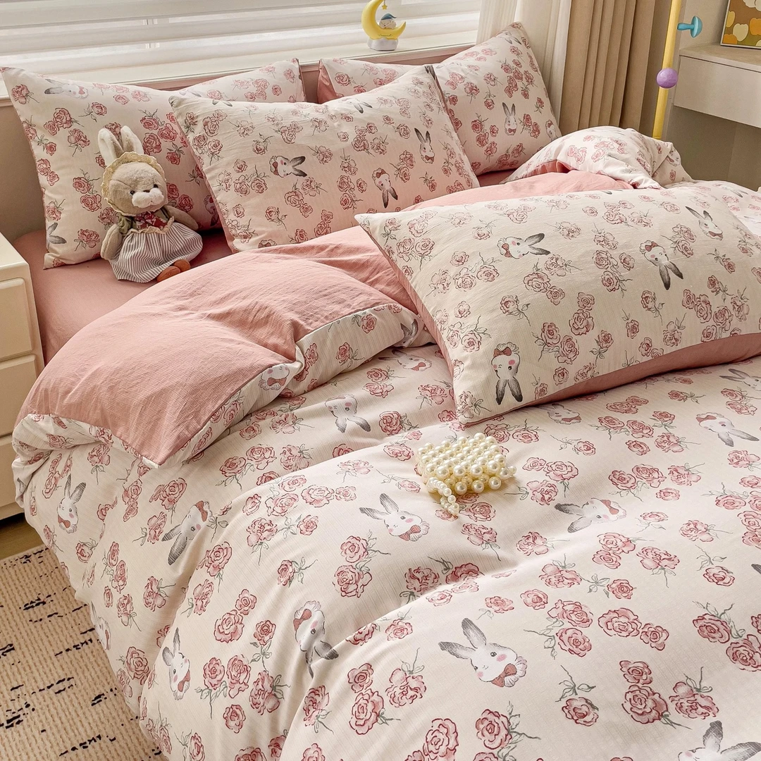 【新款 四件套柔软】母婴提花小竺棉床单四件套双层纱学生宿舍