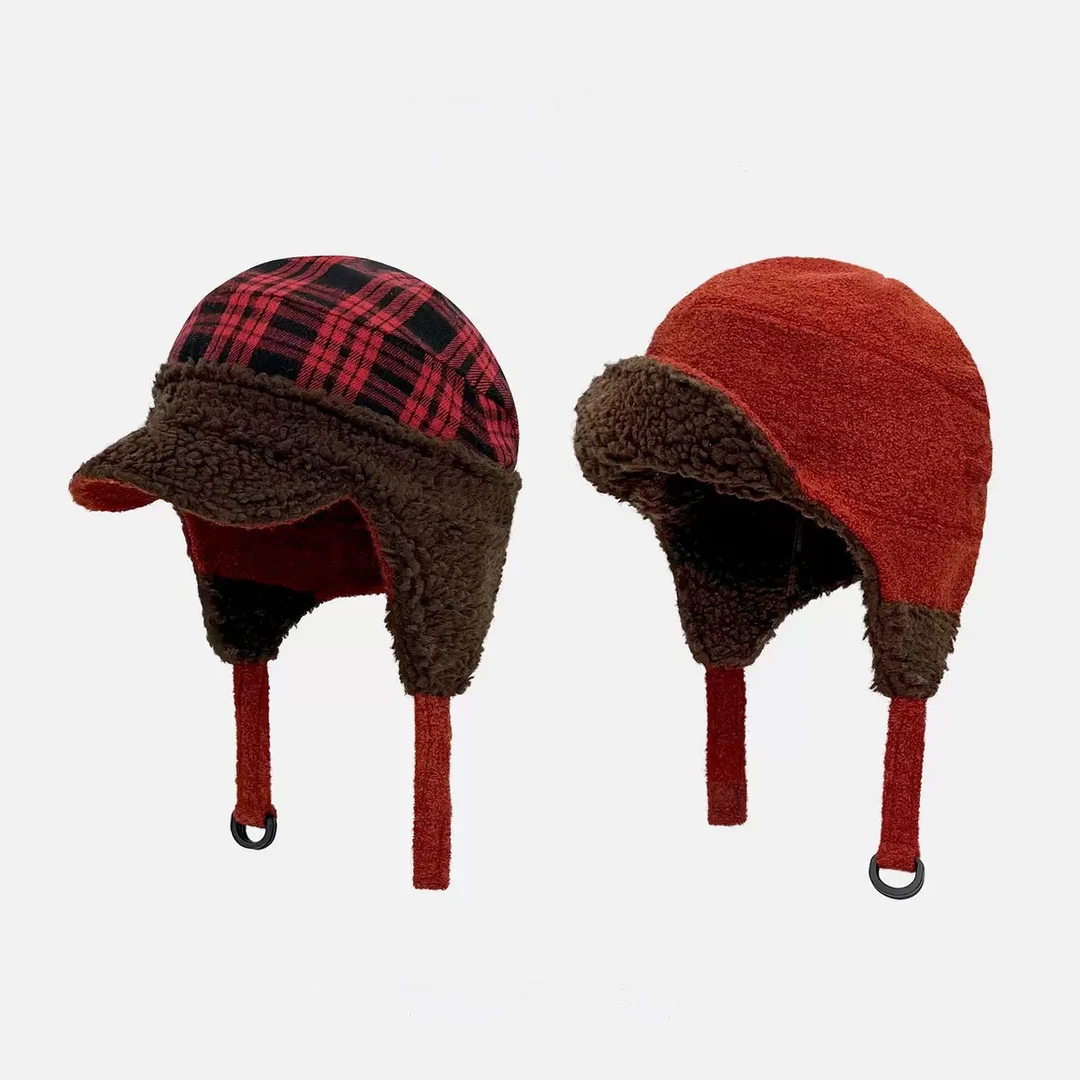 韩系双面戴格纹雷锋帽新款羊羔绒飞行帽子女加厚保暖护耳帽子