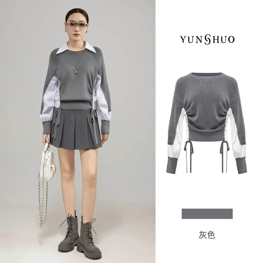 允硕新品翻领时尚拼接宽松休闲针织套头毛衫女装吸汗上衣739494