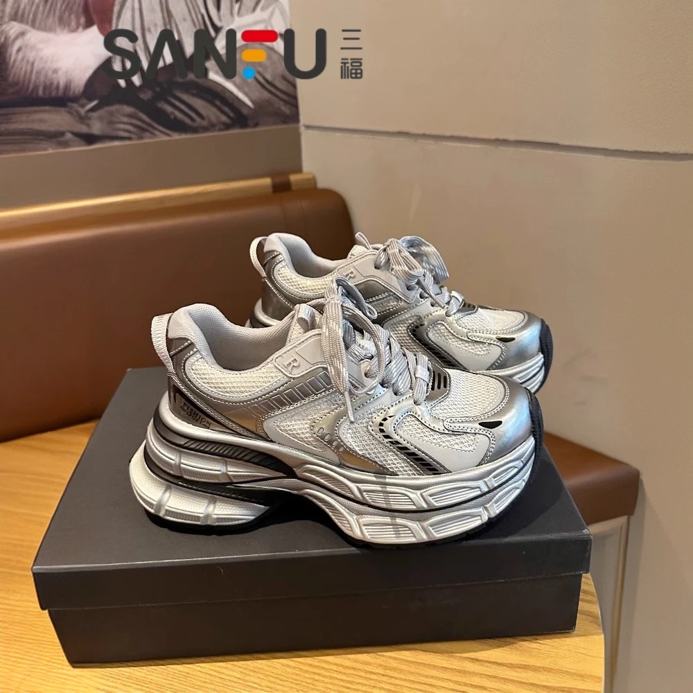 三福增高复古老爹鞋女2025新款春季厚底7cm银色网布休闲运动鞋潮