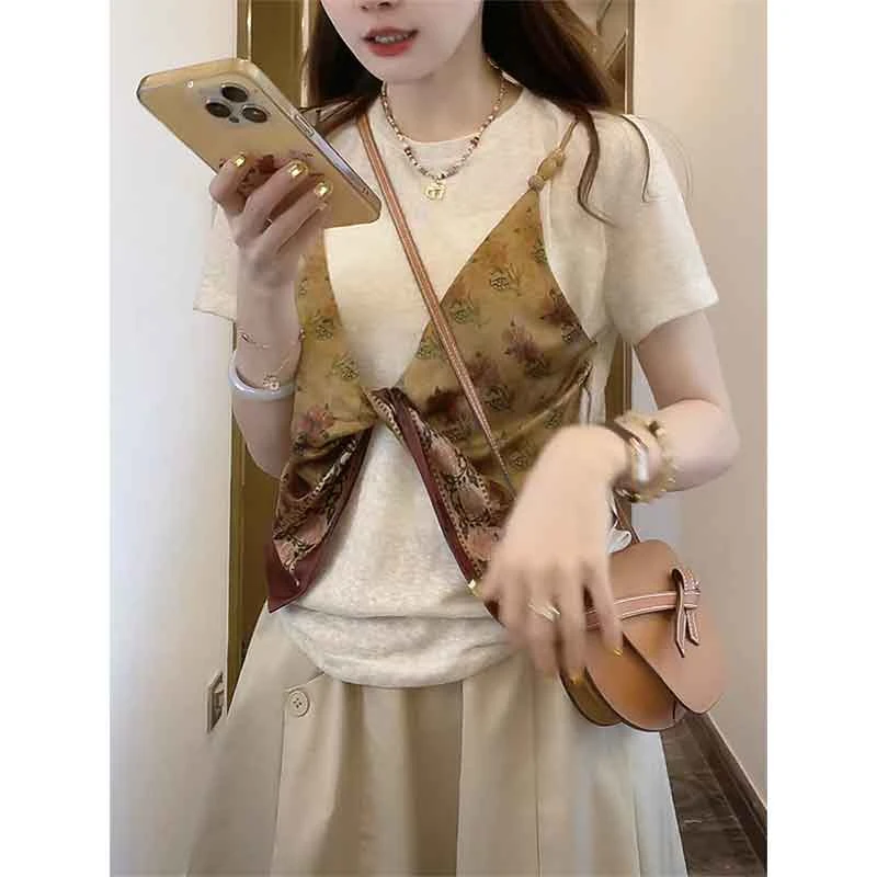 欧货时髦假两件吊带T恤女2025夏季新款设计感小众正肩显瘦打底衫