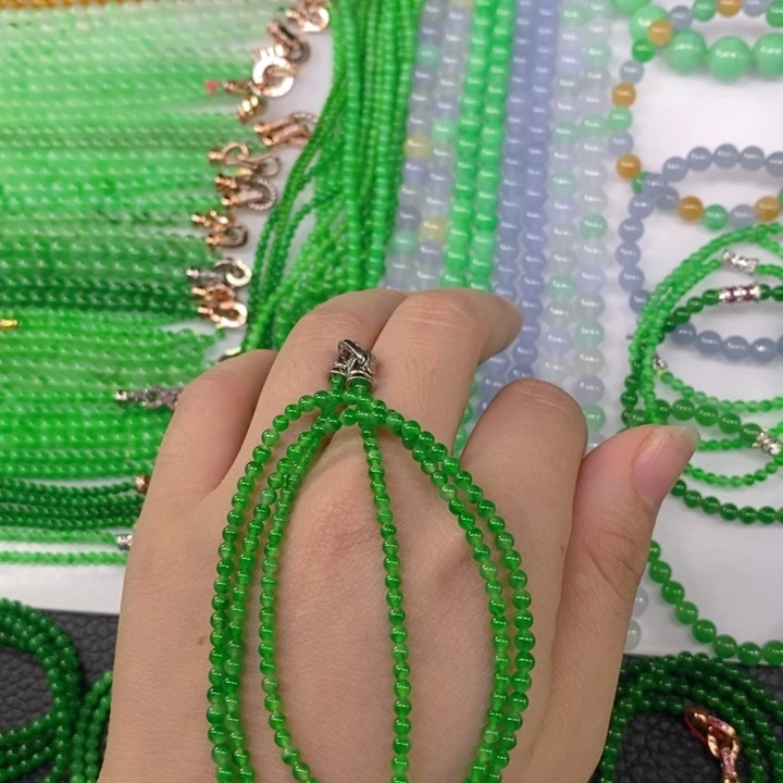 翡翠未镶嵌颈饰缅甸天然翡翠玻璃种浓正阳绿小米珠塔链3，3.5