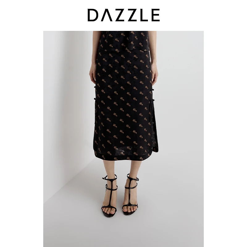 【舒淇同款】DAZZLE 地素半裙2025年夏季新款黑色印花长裙2J2S444