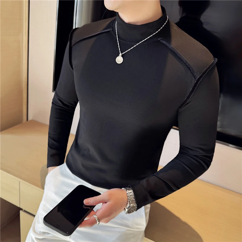 加厚半高领t恤男长袖冬季高级感金丝绒拼接修身型男打底衫上衣潮