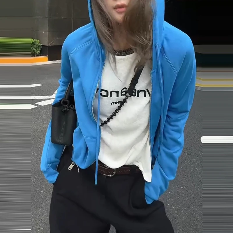 蓝色显白连帽卫衣双拉链外套女早秋新款宽松帽衫多巴胺长袖上衣