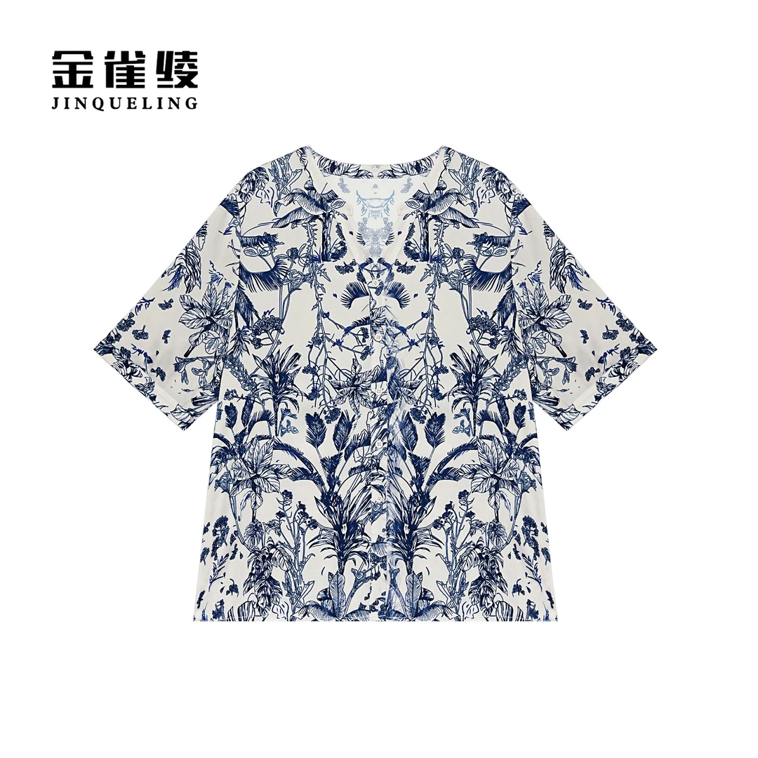 金雀绫【知青墨】桑蚕丝设计师碎花亲肤加宽加大女装小衫SZA1S194