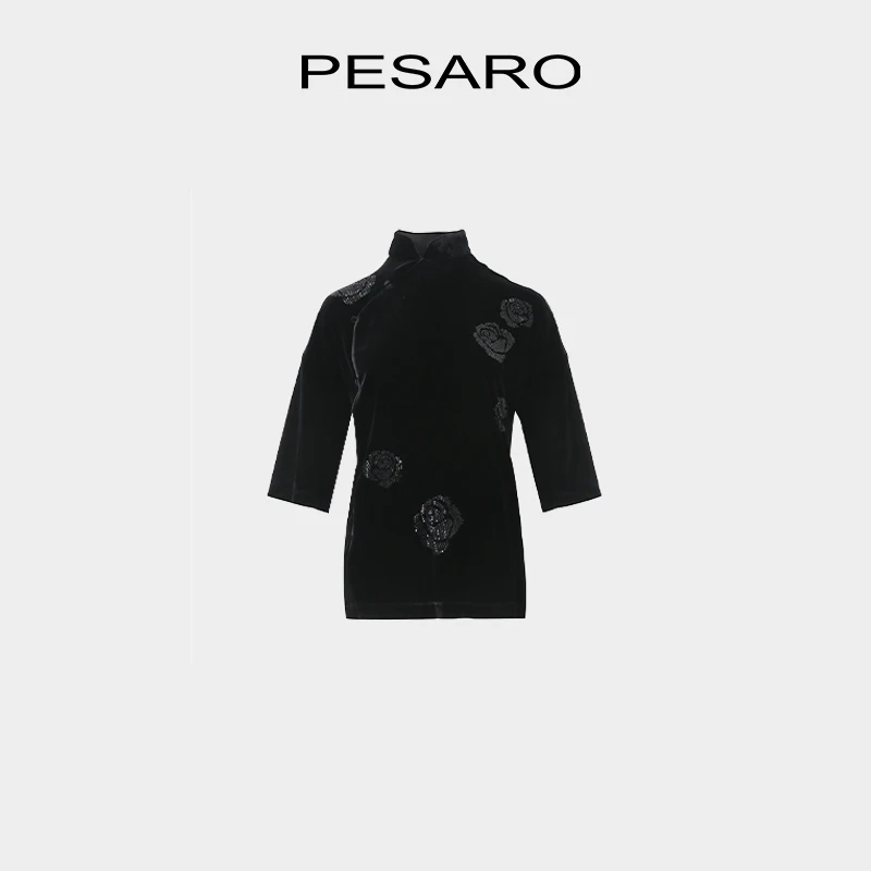 PESAROPESARO蕙玲中式黑色七分袖上衣立领精致花朵刺绣4209-7A22