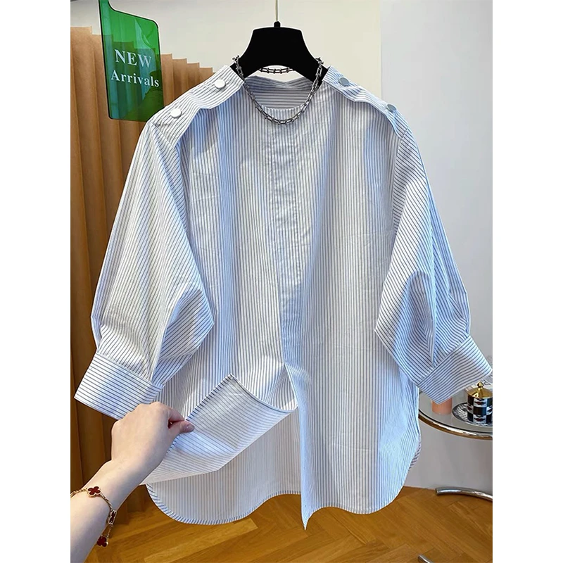 大码女装浅蓝色条纹衬衫女2025春夏新款宽松松弛感七分袖百搭上衣