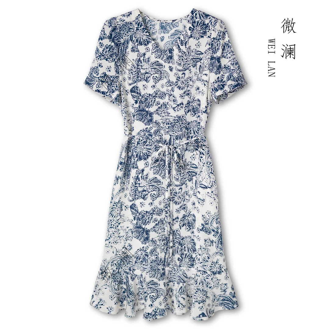 【景泰蓝】夏季100%桑蚕丝碎花显瘦气质轻奢时尚连衣裙CY-5A020-5