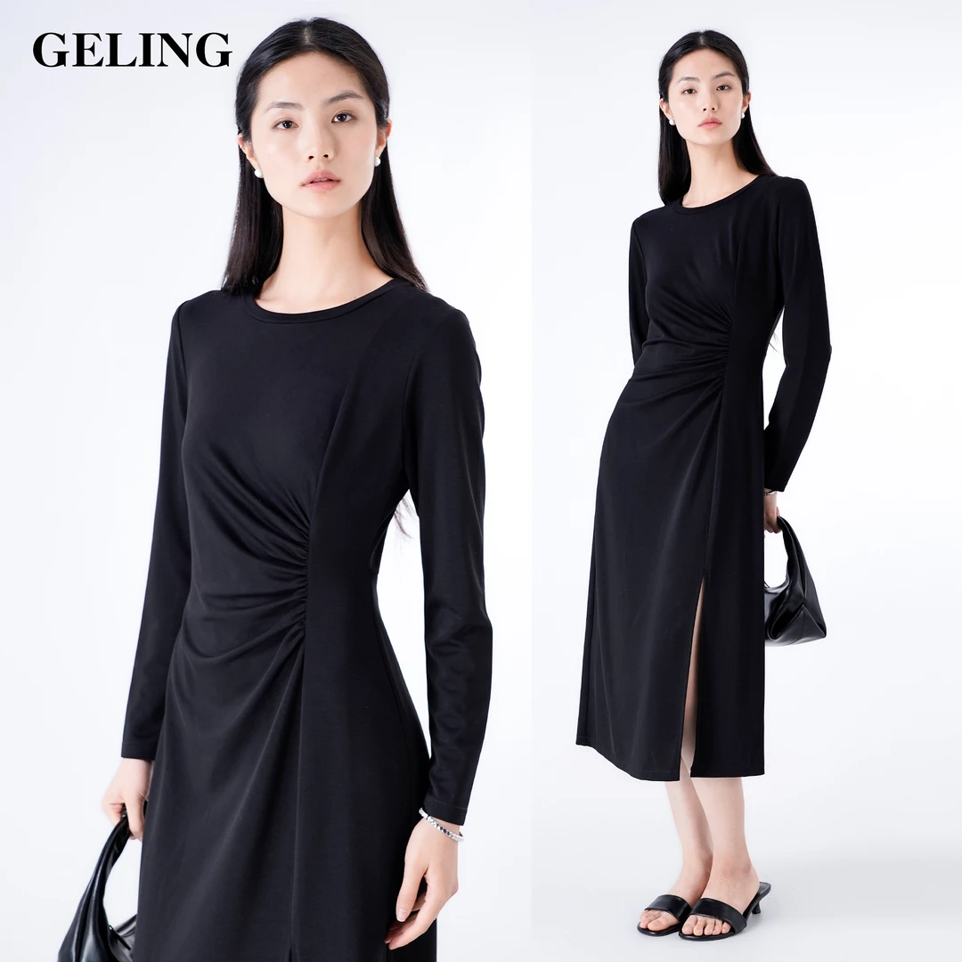 GELING/歌&玲秋季新款针织分割收腰显瘦长袖气质连衣裙G511W18