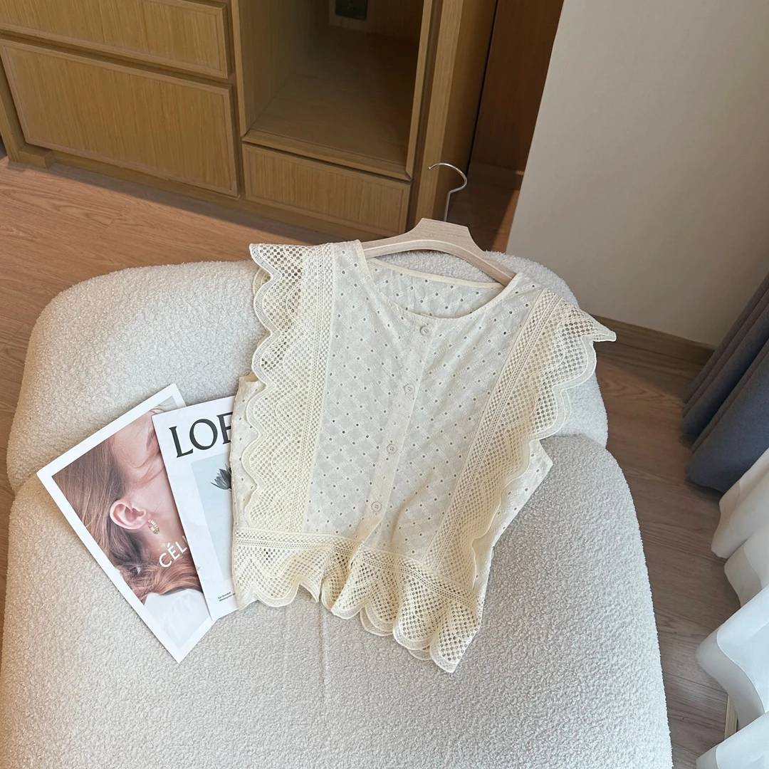 【婷婷推荐】1515-1 法式荷叶边蕾丝拼接镂空短袖小衫时尚百搭上衣