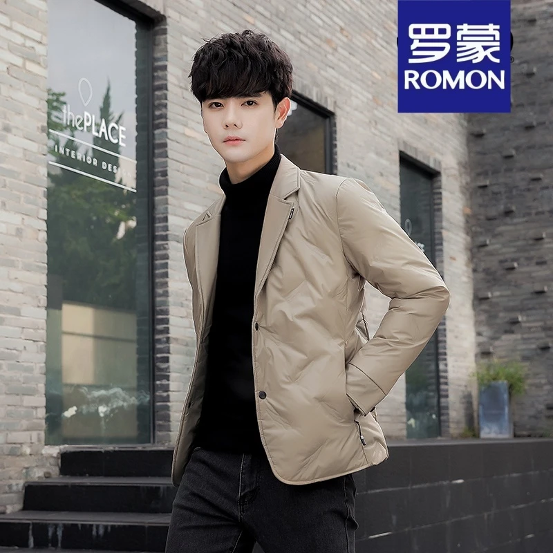 Romon/罗蒙冬季短款休闲收口袖翻领纯色潮流韩版休闲修身西服外套