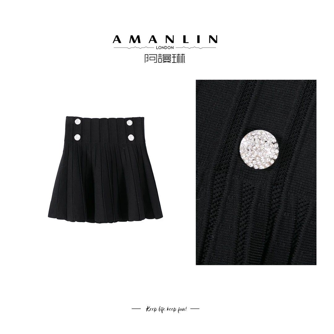 【AMANLIN】冬季穿搭设计感高腰黑色百褶裙欧若风时尚半身裙F595200