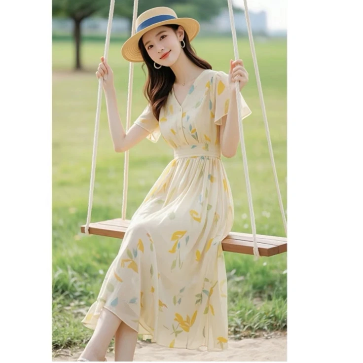 2025夏季新款漂亮独特海边度假超好看印花小飞袖连衣裙子女装