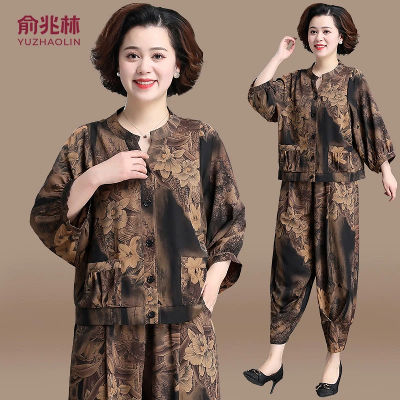 品牌妈妈夏装套装夏季新款棉绸小衫中老年女装春秋奶奶装大码上衣