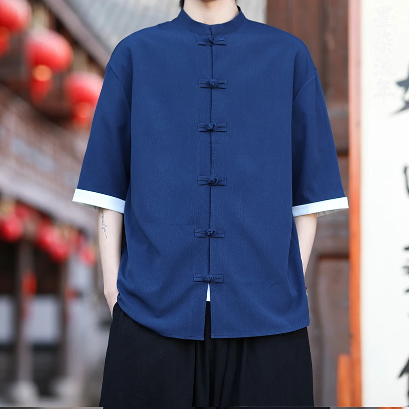 高级感垂感冰丝衬衫男短袖新中式潮牌唐装夏季薄款中国风汉服外套