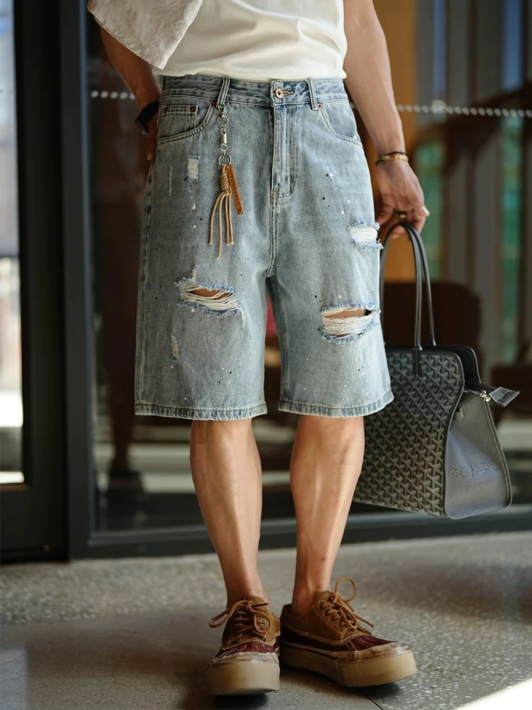 美式高品质漆点破洞夏季水洗牛仔短裤男士时尚新款宽松痞帅五分裤