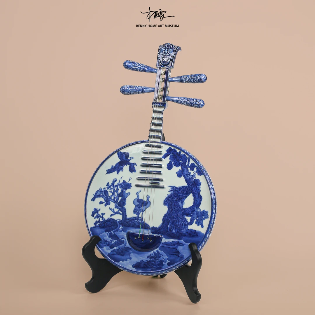 【本尼家】非遗好物青花陶瓷中阮乐器《百鸟朝凤》中式艺术玄关摆件