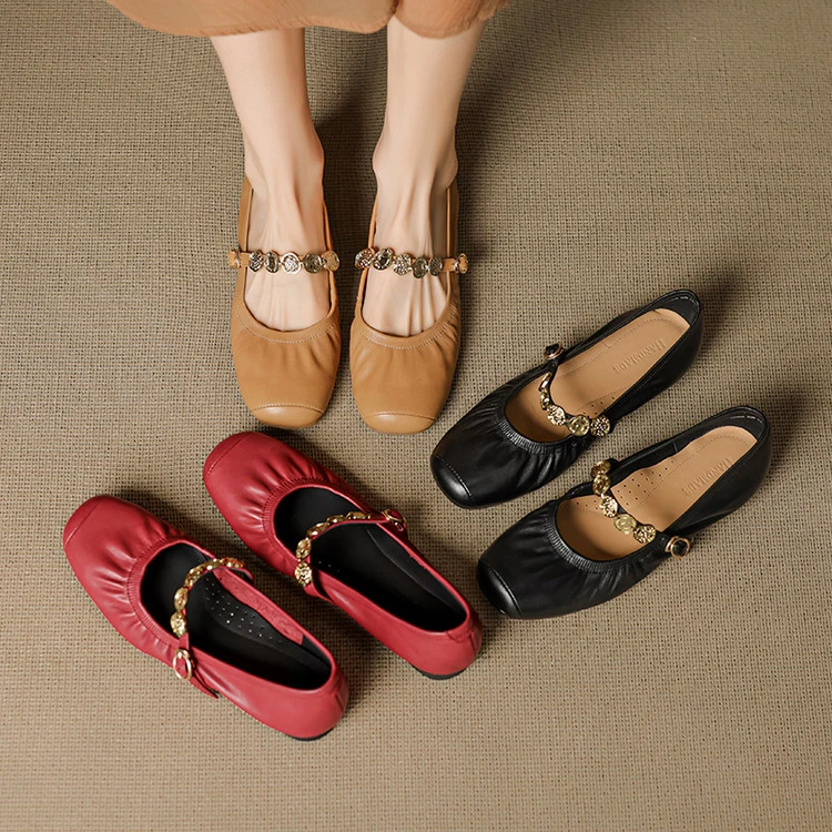 1.5cm法式超软皮玛丽珍小单鞋女平底2025夏新款软底豆豆鞋酒红女