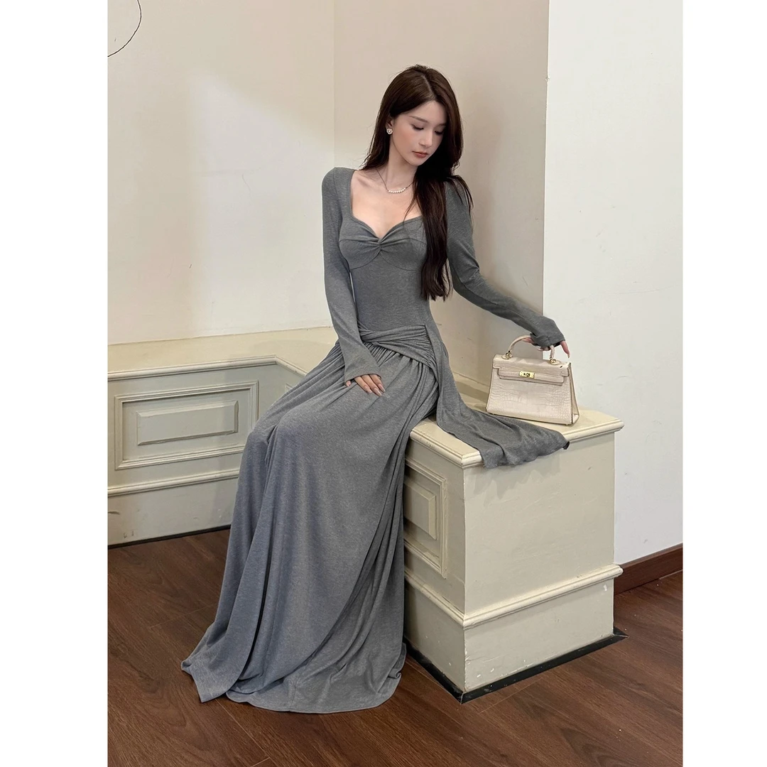 pinkmoon||法式灰色长袖袖连衣裙女秋高级感气质修身性感辣妹长裙