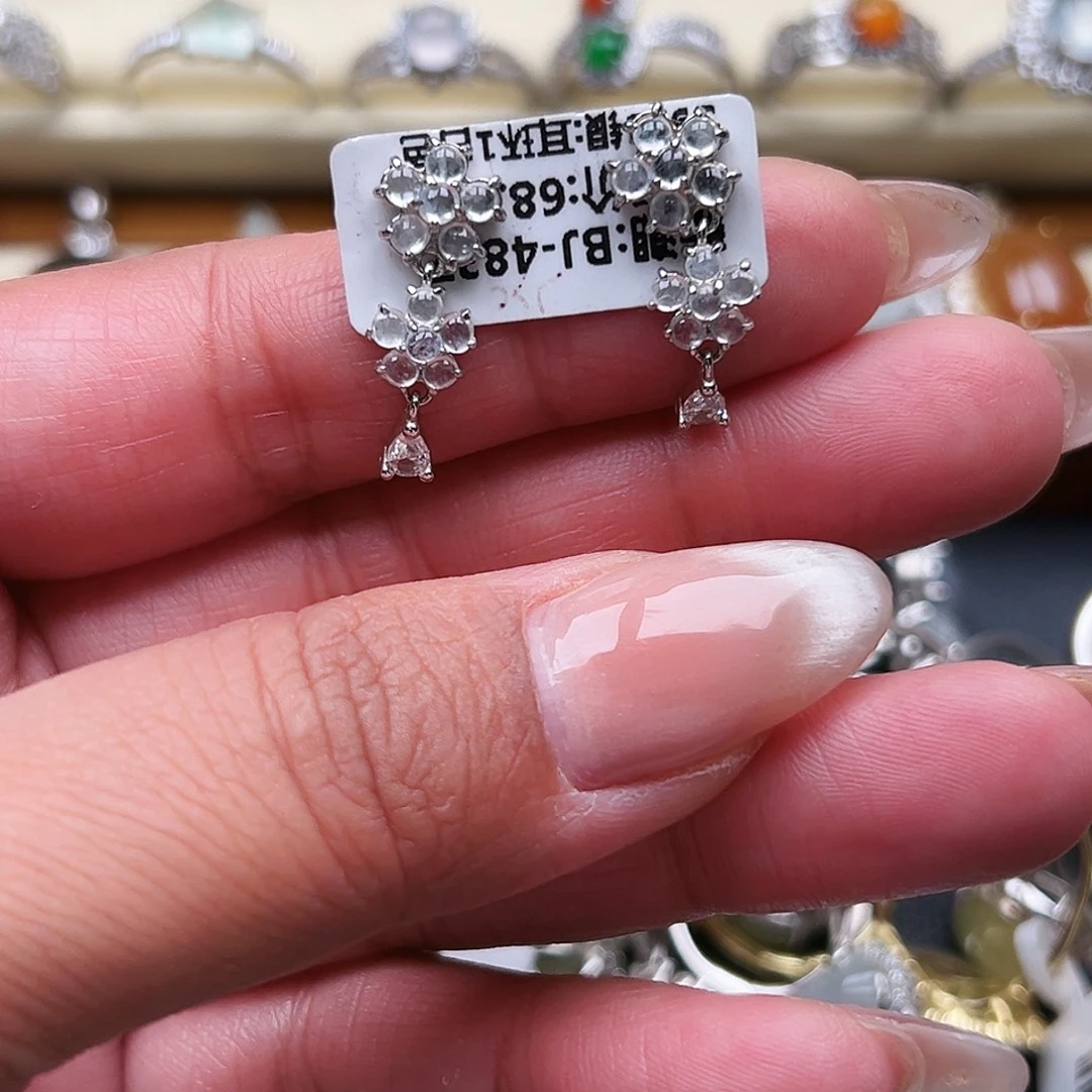 翡翠银S925镶嵌戒指缅甸天然A货翡翠耳钉