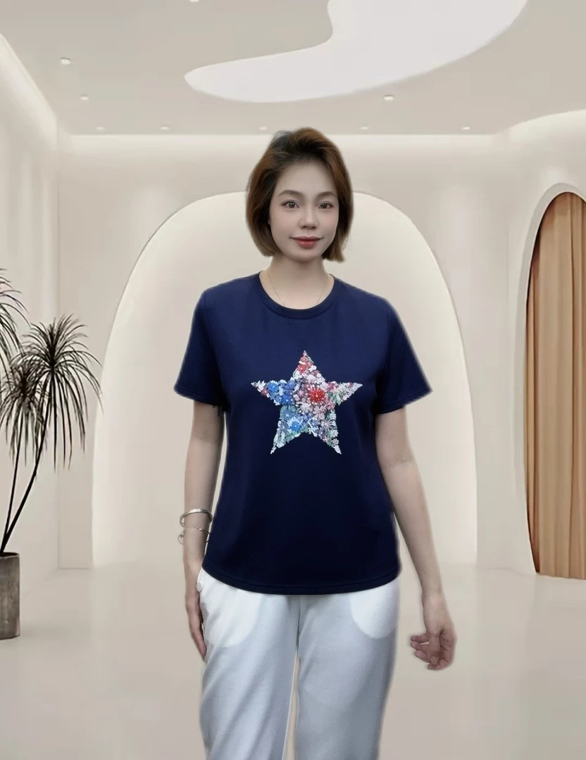 蓝色夏季新款休闲短袖女小衫大码宽松气质时尚百搭春夏圆领女士
